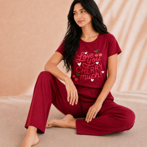 Pyjama femme Cherry Love en coton – Bordeaux