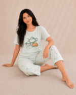 Pyjama Pantacourt Femme 100% Coton – Tea Time Vert Pastel