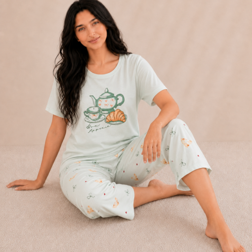Pyjama Pantacourt Femme 100% Coton – Tea Time Vert Pastel