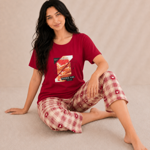 Pyjama Pantacourt Femme 100% Coton – Summer Vibe Rouge à Carreaux