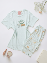 Pyjama Pantacourt Femme 100% Coton – Tea Time Vert Pastel – Image 2
