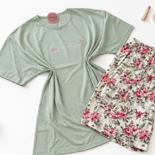 Ensemble pyjama fleuri 100 % coton – Vert menthe