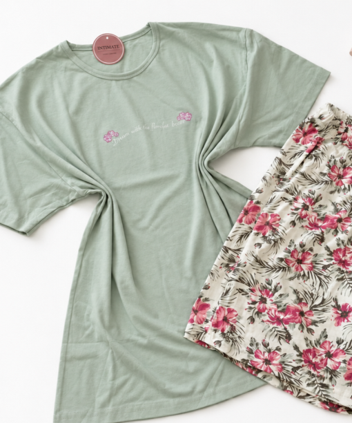 Ensemble pyjama fleuri 100 % coton – Vert menthe