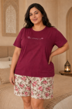 Pyjama grande taille floral bordeaux – 100 % coton