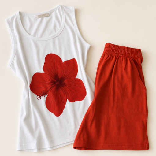 Pyjama Hibiscus Rouge – Débardeur & Short Taille Haute