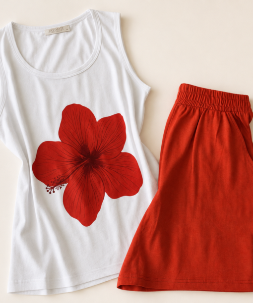 Pyjama Hibiscus Rouge – Débardeur & Short Taille Haute