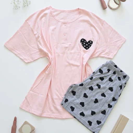 Pyjama femme coton-viscose Cœurs – Rose et gris