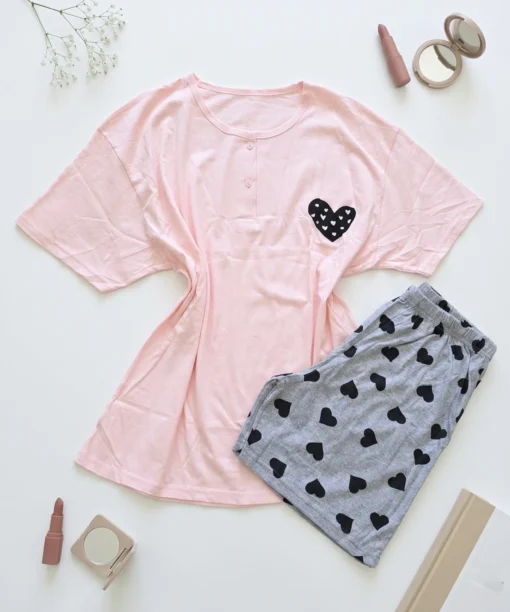 Pyjama femme coton-viscose Cœurs – Rose et gris