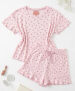 Pyjama short fleuri en coton – Rose poudré – Image 2